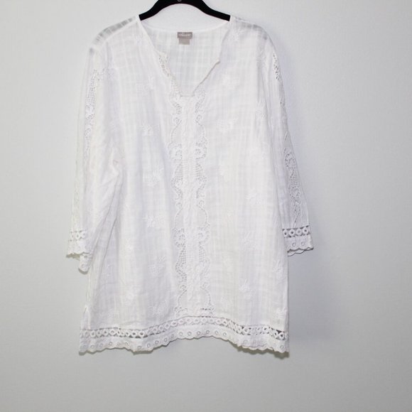 Chico's Lace Crochet Eyelet Trim Blouse White Peasant Top Size 3 16/18 H13471 - Picture 2 of 12
